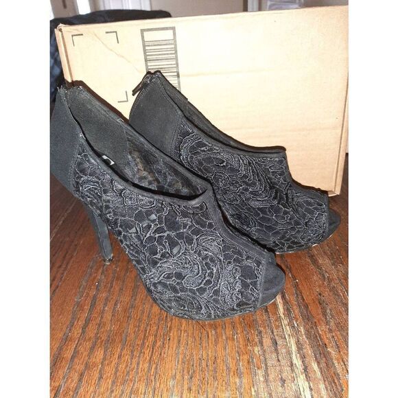 Size 8 Elle Peep Toe Black Lace Platform Pump Stiletto High Heel Dress Shoes - Picture 1 of 6